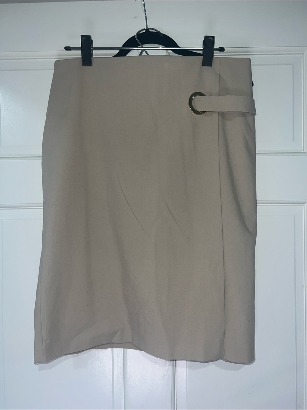 Calvin Klein Taupe Pencil Skirt with Gold O-Ring Accent